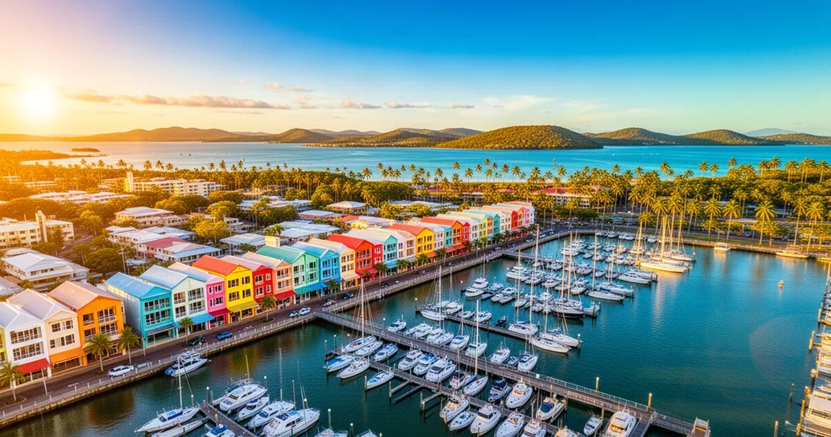 Widok z lotu ptaka na kolorowe nabrzeże Townsville, marinę i tropikalne wybrzeże w świetle zachodzącego słońca.