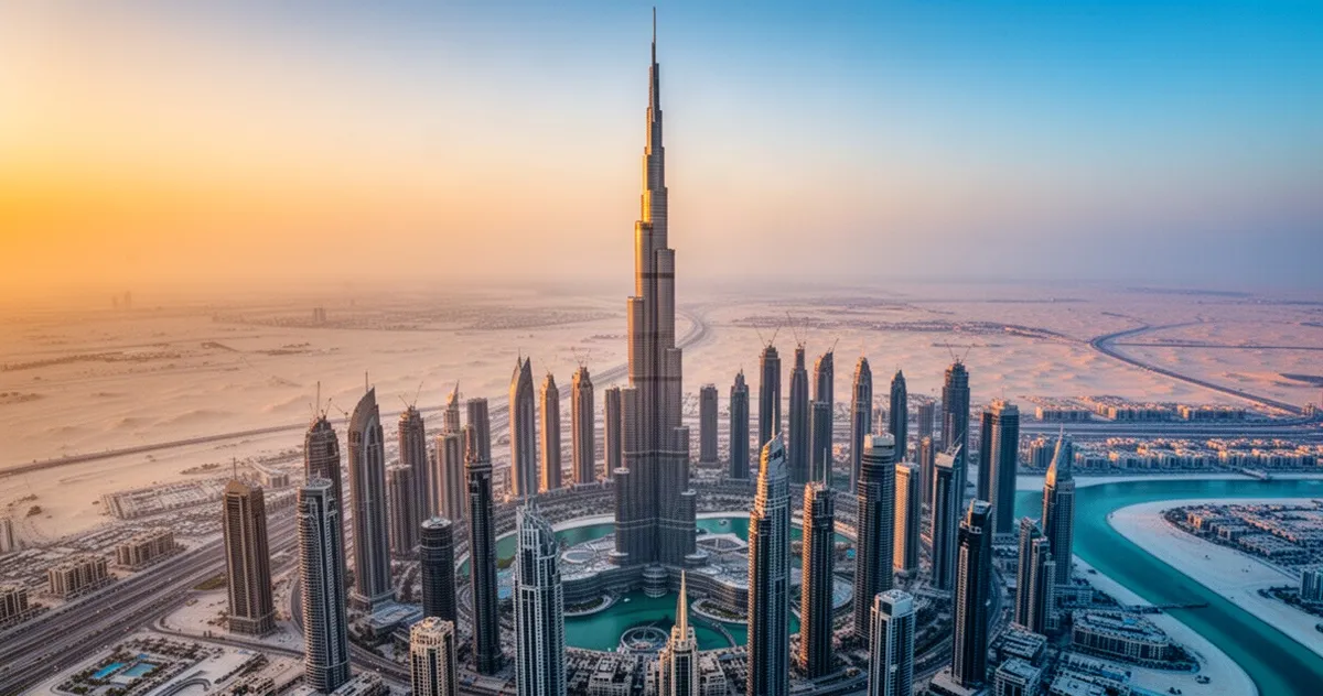 Panorama nowoczesnych wieżowców Dubaju z charakterystycznym Burj Khalifa w centrum o zachodzie słońca.