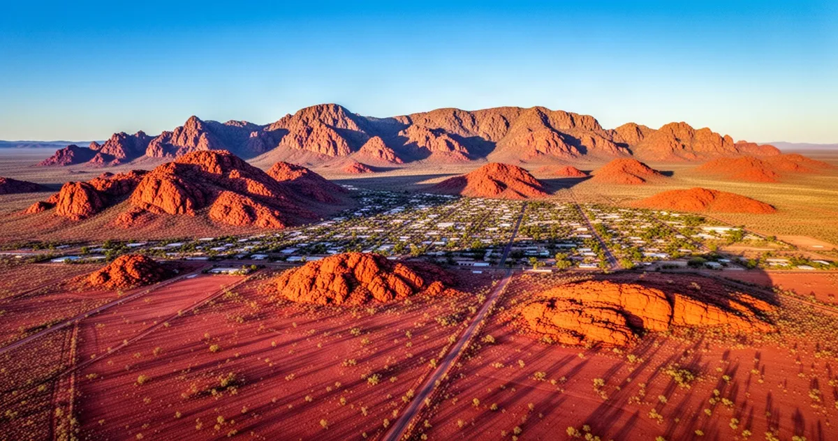 Widok z lotu ptaka na Alice Springs w Australii: czerwona pustynia, pasmo górskie MacDonnell i miasto w świetle zachodu.