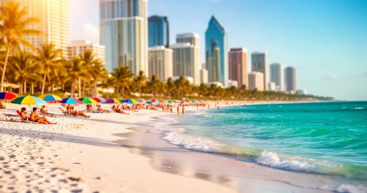 Słoneczna plaża w Tampie z turkusową wodą, kolorowymi parasolami i rozmytym nowoczesnym skyline miasta w tle.