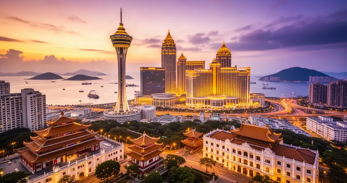 Widok z lotu ptaka na panoramę Makau o zachodzie słońca: wieża Macau Tower, kasyna oraz historyczne świątynie i architektura.