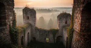 Ruiny kamiennych murów i wież zamku w Olsztynie otoczone roślinnością w świetle zachodzącego słońca z mglistym lasem w tle.