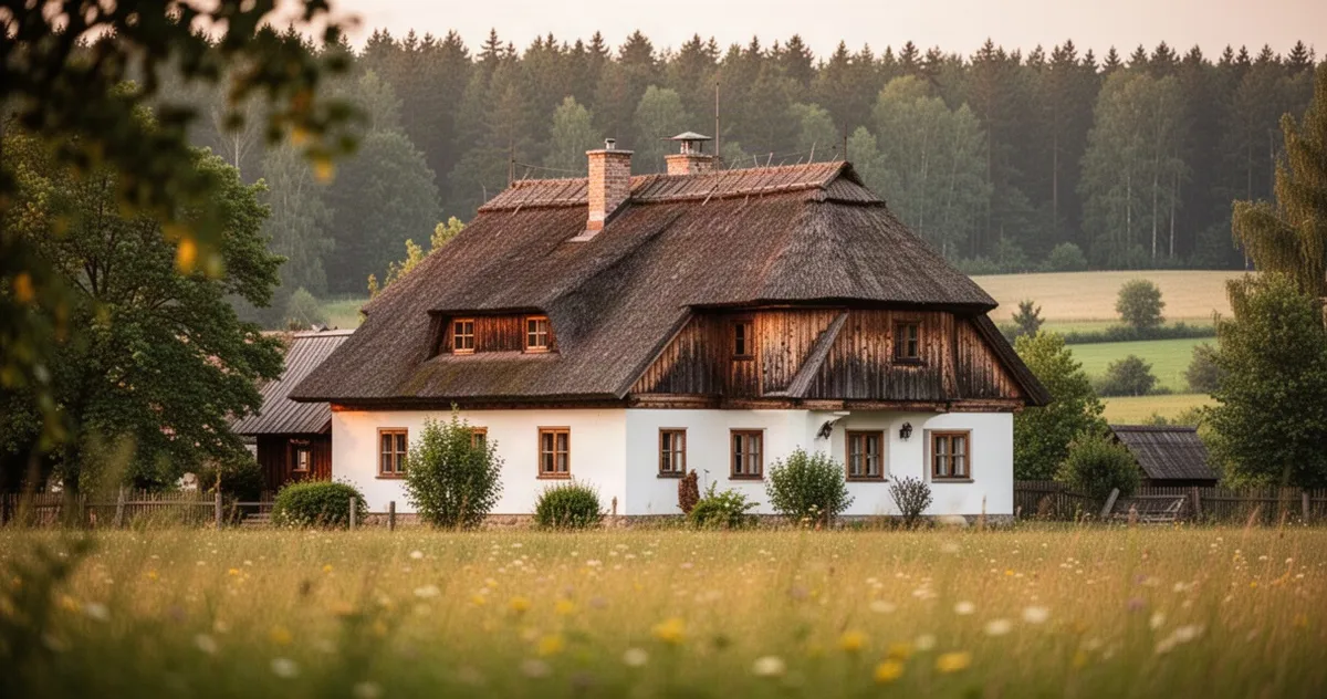 Drewniany dworek o białych ścianach i tradycyjnej architekturze, otoczony bujną zielenią, łąkami i lasem w ciepłym świetle.