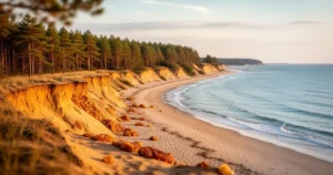 Złota plaża i klify w Łebie o zachodzie słońca na tle sosnowego lasu.