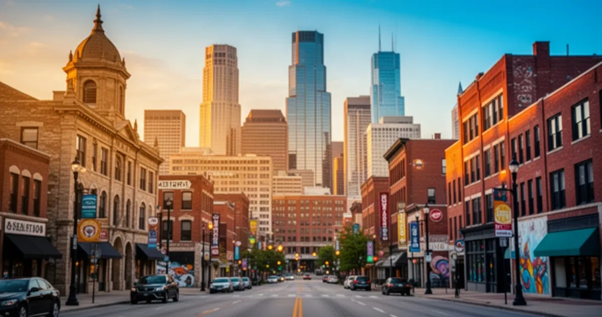 Panorama Detroit o zachodzie słońca: zestawienie zabytkowej architektury z cegły z nowoczesnymi wieżowcami w tle.