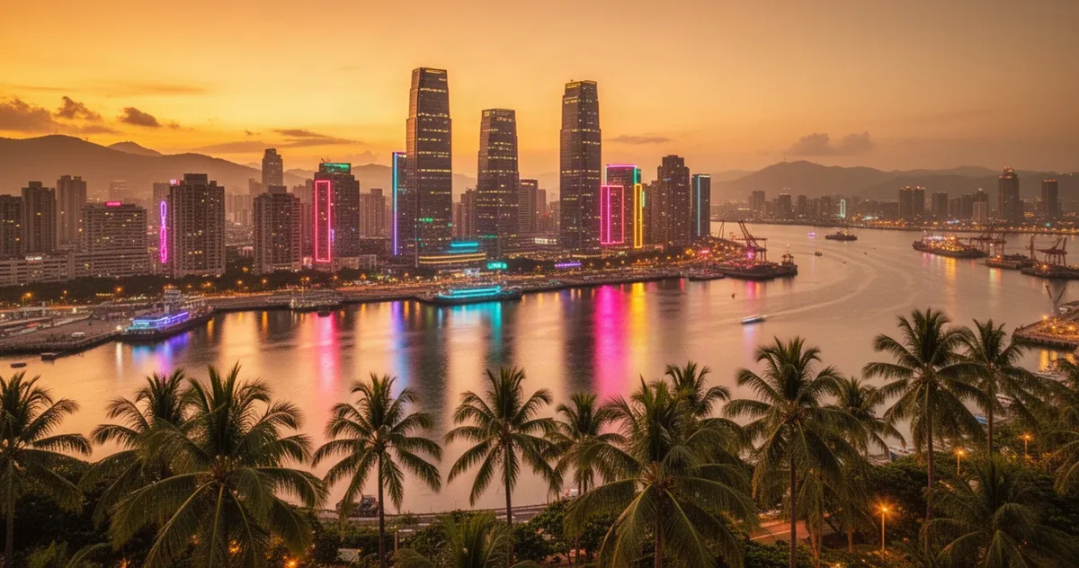 Panoramiczny widok na nowoczesne budynki i port w Kaohsiung podczas zachodu słońca, z palmami na pierwszym planie.