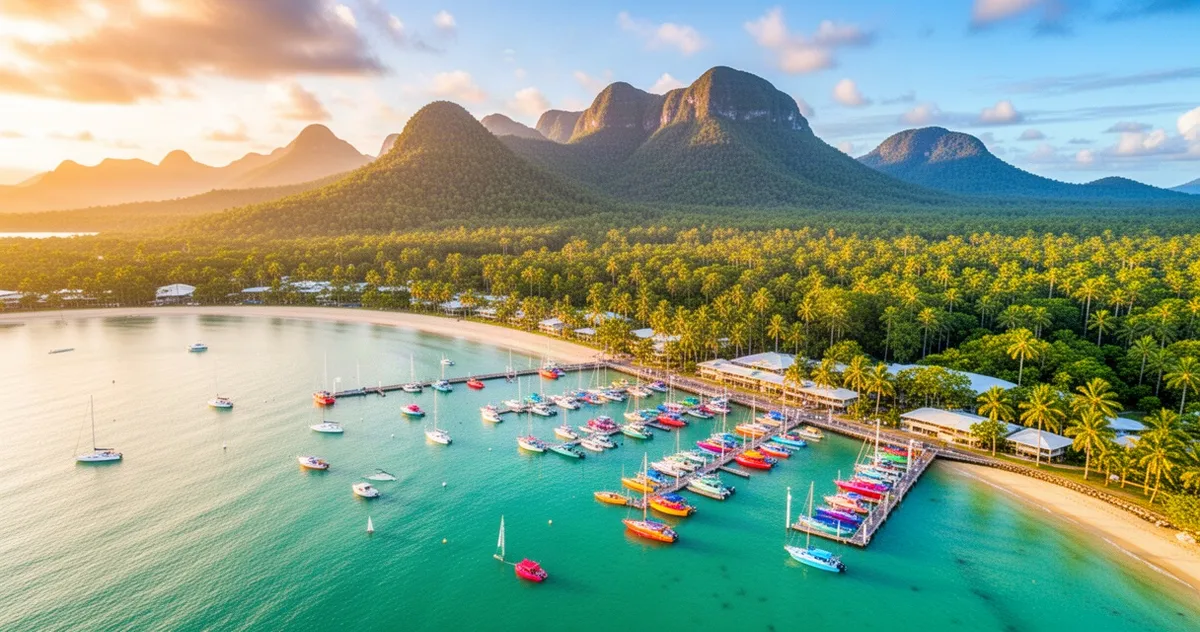 Widok z lotu ptaka na wybrzeże Port Douglas: piaszczysta plaża, przystań z łodziami i tropikalne góry w blasku zachodzącego s