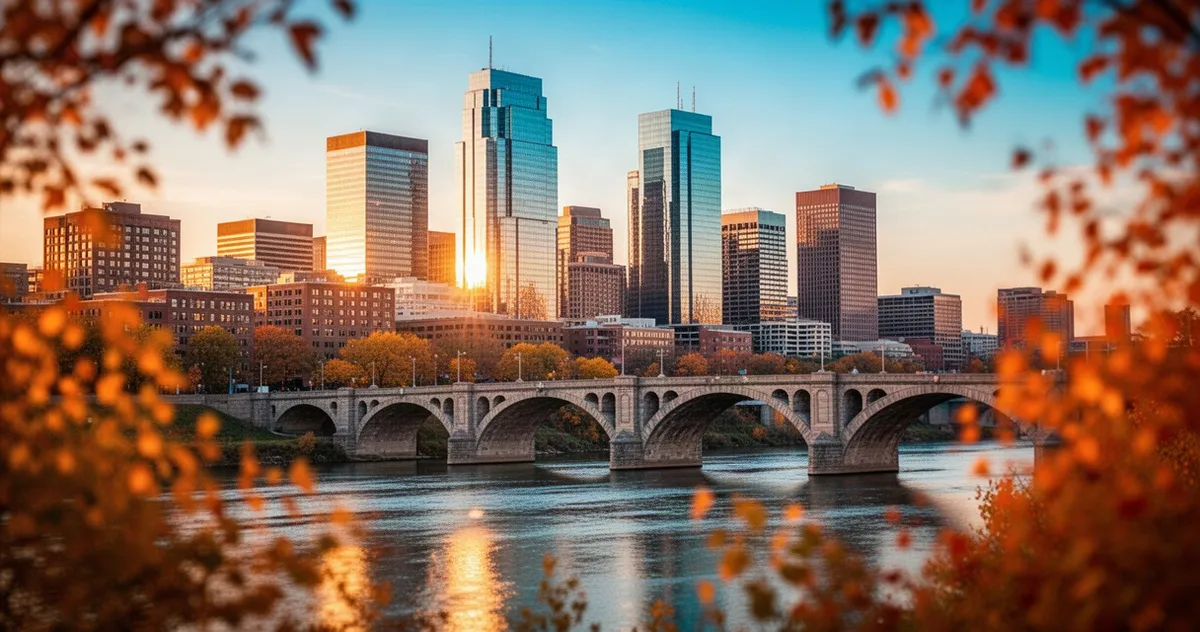 Panorama Minneapolis ze Stone Arch Bridge i rzeką Mississippi w świetle zachodzącego słońca oraz jesiennymi liśćmi.