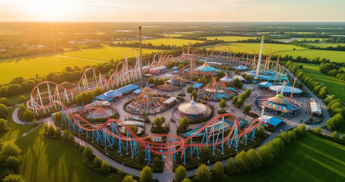 Widok z lotu ptaka na Energylandię z kolorowymi rollercoasterami i licznymi atrakcjami w blasku zachodzącego słońca.