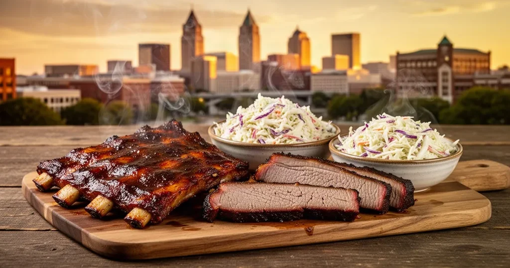Dymiące żeberka, mostek i surówka coleslaw na drewnianym stole w Kansas City podczas złotej godziny.