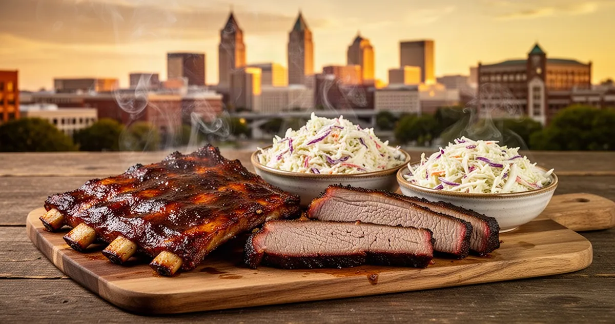 Dymiące żeberka, mostek i surówka coleslaw na drewnianym stole w Kansas City podczas złotej godziny.