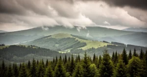 Mgliste, bieszczadzkie pasma górskie z zielonymi szczytami i gęstym lasem na pierwszym planie pod dramatycznym niebem.