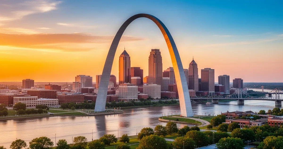 Panorama St. Louis z łukiem Gateway Arch nad rzeką Missisipi w ciepłym świetle zachodzącego słońca.