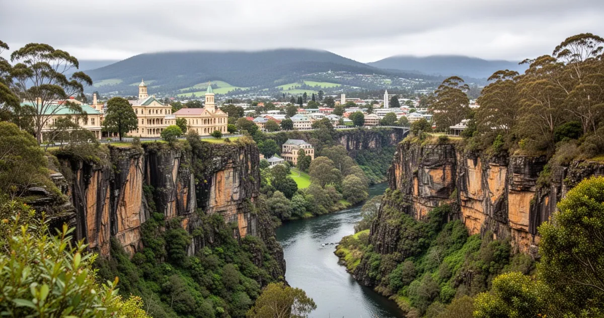 Panoramiczny widok na wąwóz Cataract w Launceston z rzeką South Esk, skalistymi klifami i kolonialną zabudową w tle.