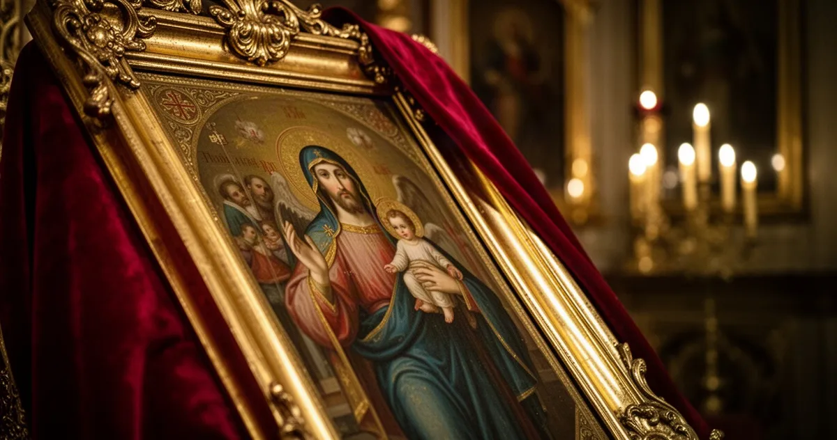 Zdobiony obraz religijny w złotej ramie częściowo zasłonięty czerwoną aksamitną tkaniną w słabo oświetlonym wnętrzu.
