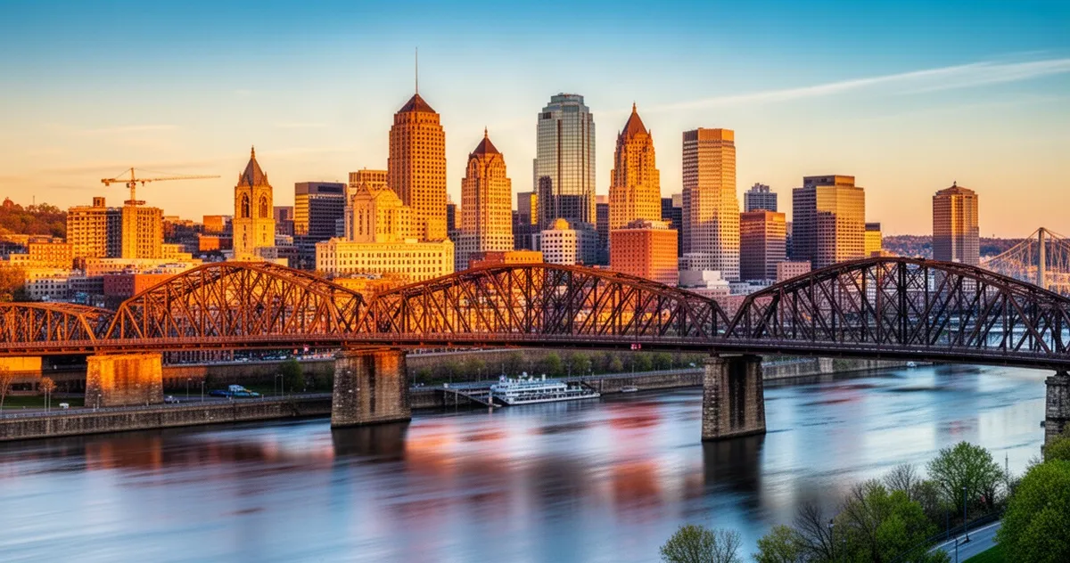 Panoramiczny widok na panoramę Pittsburgha o zachodzie słońca z charakterystycznymi stalowymi mostami nad rzeką.
