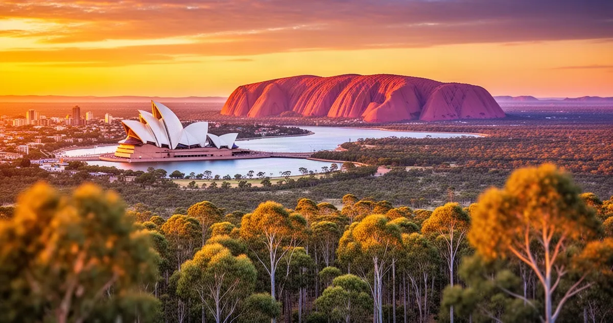 Widok z lotu ptaka na Operę w Sydney i górę Uluru w ciepłym świetle zachodzącego słońca oraz las eukaliptusowy.