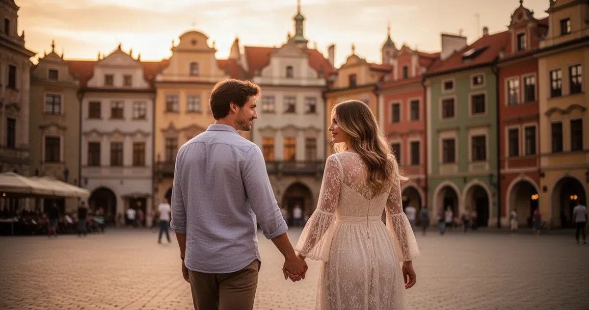 Para trzymająca się za ręce spacerująca po rynku w Poznaniu podczas zachodu słońca na tle zabytkowych kamienic.