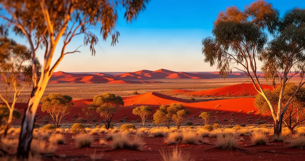 Czerwone wydmy australijskiego pustkowia o zachodzie słońca z rozmytymi drzewami eukaliptusowymi na pierwszym planie.