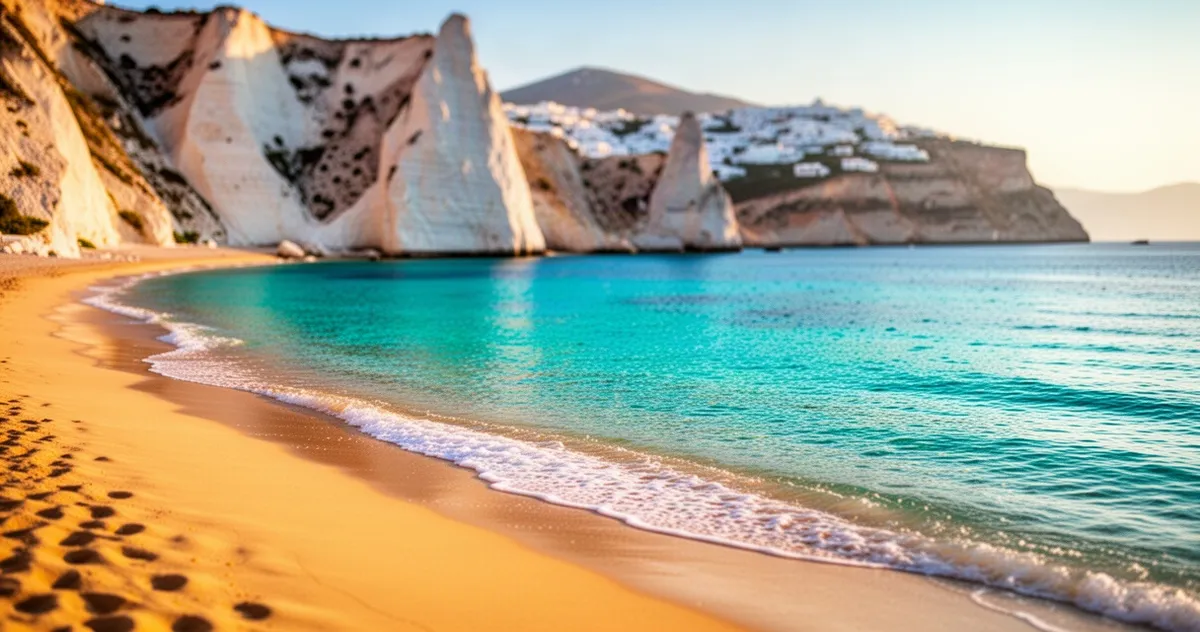 Turkusowa woda obmywająca piaszczystą plażę u podnóża białych klifów na Zakynthos w świetle zachodzącego słońca.