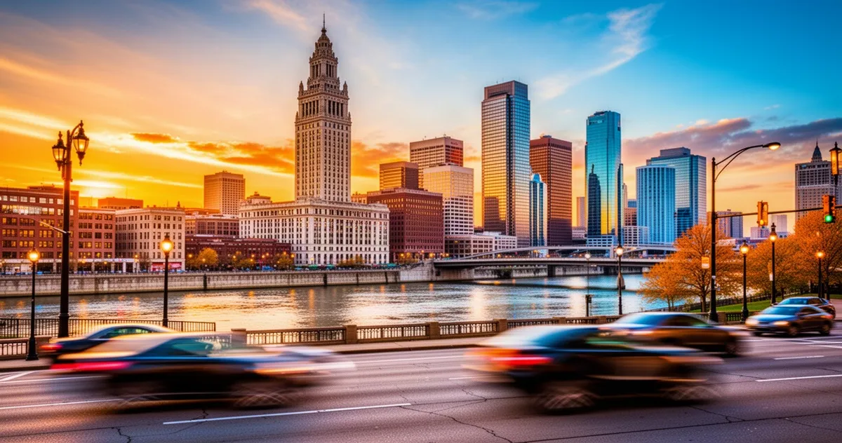 Panorama centrum Cleveland z wieżowcem Terminal Tower w blasku zachodzącego słońca, odbijająca się w rzece Cuyahoga.