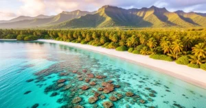 Widok z lotu ptaka na turkusowe wody, białą plażę z rafą koralową oraz bujną roślinność i góry Mauritiusa w słońcu.