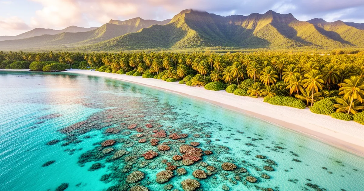 Widok z lotu ptaka na turkusowe wody, białą plażę z rafą koralową oraz bujną roślinność i góry Mauritiusa w słońcu.