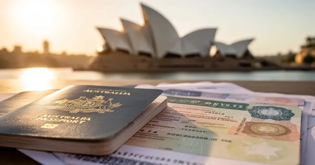 Australijski paszport i dokumenty wizowe na stole, w tle rozmyta Opera w Sydney w ciepłym świetle słonecznym.
