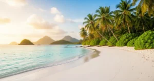 Piaszczysta plaża na Seszelach z turkusową wodą, palmami i bujną roślinnością w świetle zachodzącego słońca.