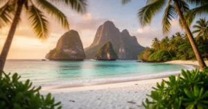 Piaszczysta plaża na Bali z turkusową wodą, formacjami wulkanicznymi w tle oraz palmami w świetle zachodzącego słońca.