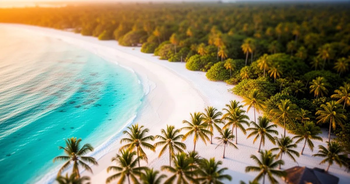 Piaszczysta plaża w Meksyku z turkusową wodą i palmami na pierwszym planie, widok z lotu ptaka podczas złotej godziny.