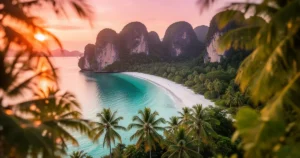 Piaszczysta plaża i turkusowa woda w Krabi na tle wapiennych klifów o zachodzie słońca z rozmytymi liśćmi palm na pierwszym p