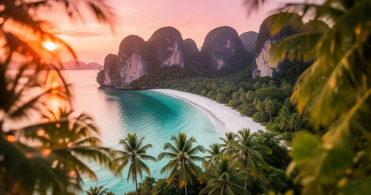 Piaszczysta plaża i turkusowa woda w Krabi na tle wapiennych klifów o zachodzie słońca z rozmytymi liśćmi palm na pierwszym p
