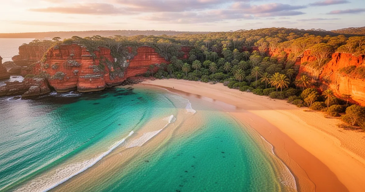 Widok z lotu ptaka na turkusową wodę i złocistą plażę w Australii z czerwoną klifową skałą i roślinnością w tle.