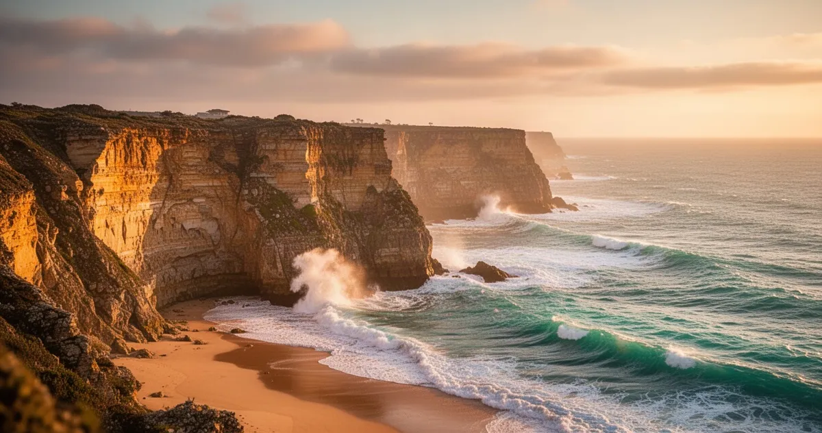 Złota godzina nad skalistymi klifami Kalifornii, oświetlonymi promieniami słońca, z turkusowymi falami uderzającymi o plażę.