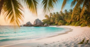 Krystalicznie turkusowa woda, biała piaszczysta plaża, tropikalne palmy i formacje skalne w promieniach słońca na Filipinach.