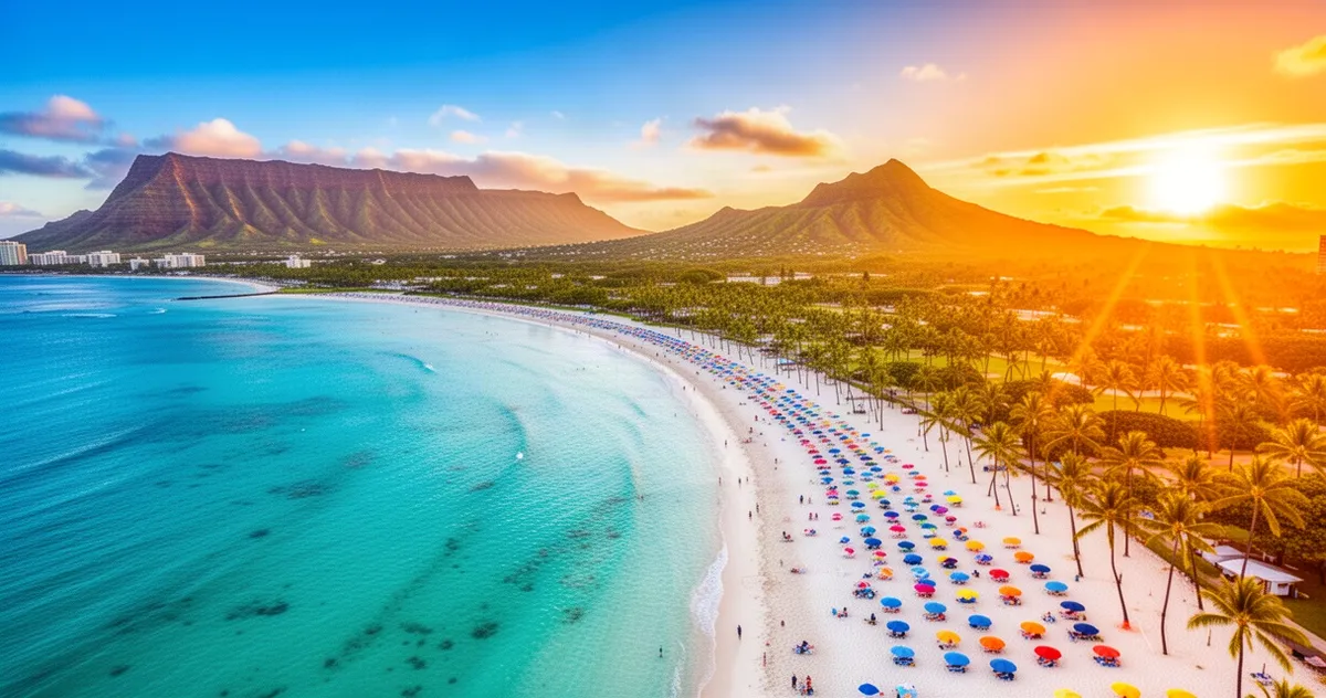 Plaża Waikiki w Honolulu z turkusową wodą, palmami i parasolami na tle wulkanicznego krateru Diamond Head o zachodzie słońca.