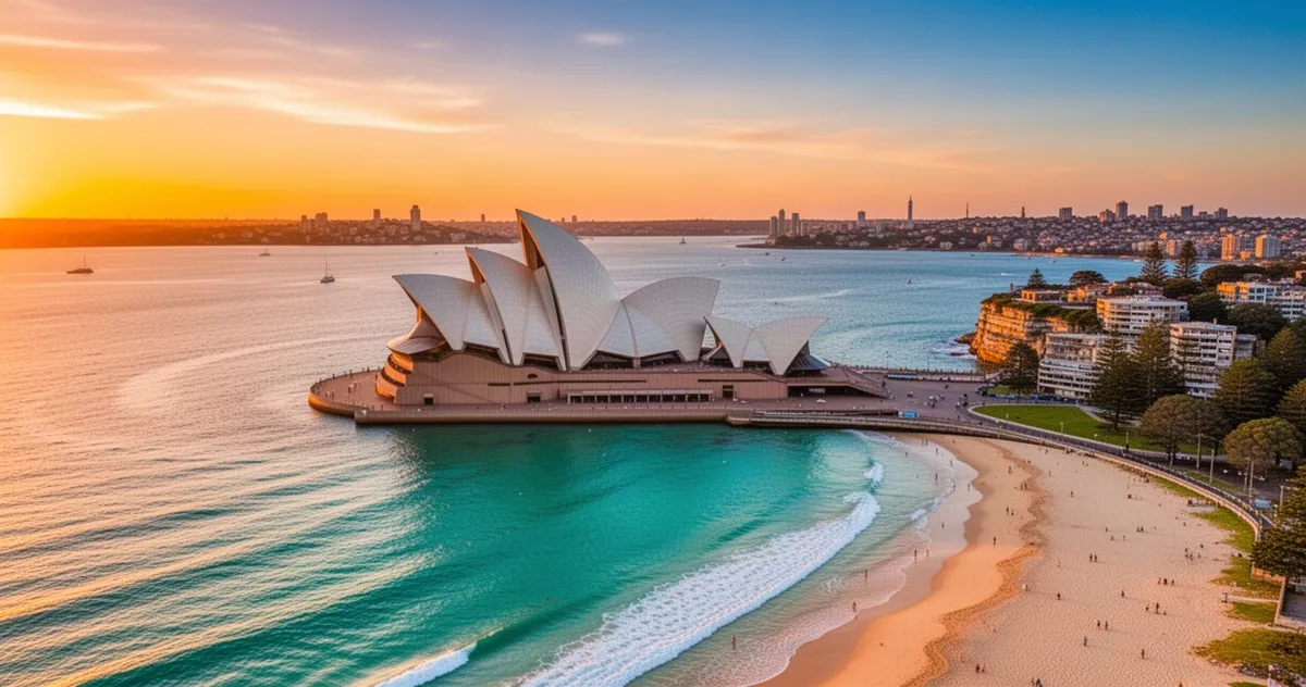 Widok z lotu ptaka na Operę w Sydney i plażę Bondi w ciepłym świetle zachodzącego słońca nad turkusowym oceanem.