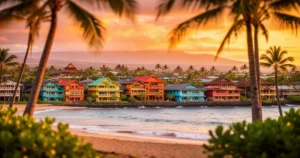 Złocisty zachód słońca nad miastem Lahaina na Maui, widok na hawajską architekturę, palmy i ocean.