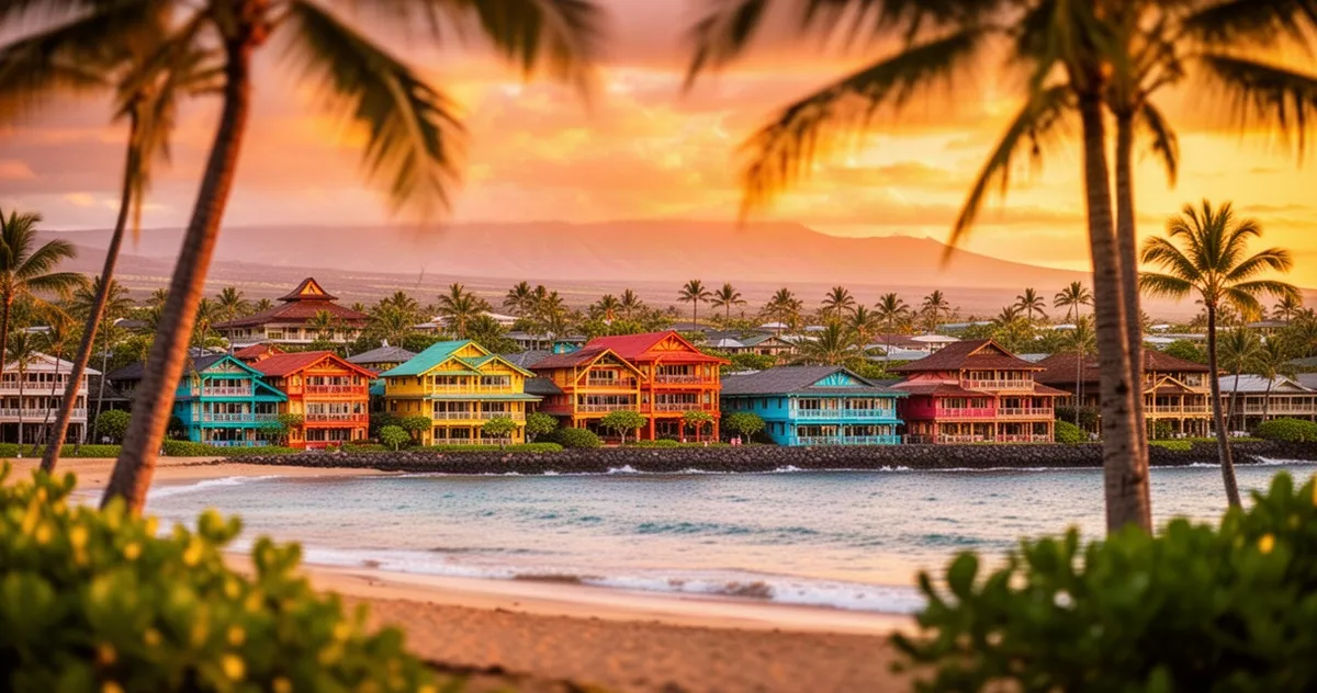 Złocisty zachód słońca nad miastem Lahaina na Maui, widok na hawajską architekturę, palmy i ocean.