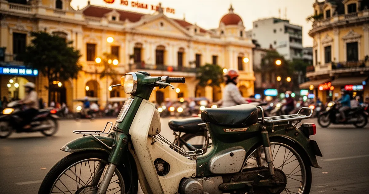 Skuter na tle zatłoczonej ulicy Ho Chi Minh City w ciepłym świetle zachodzącego słońca i historycznej architektury.