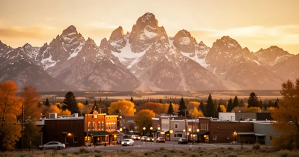 Panoramiczny widok na miasteczko Jackson u podnóża ośnieżonych gór Grand Teton w ciepłym świetle złotej godziny.