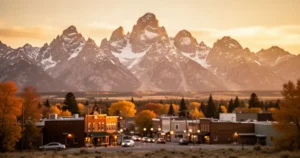 Panoramiczny widok na miasteczko Jackson u podnóża ośnieżonych gór Grand Teton w ciepłym świetle złotej godziny.
