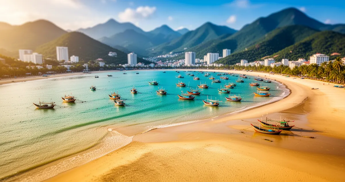 Piaszczysta plaża w Da Nang z turkusową wodą i kolorowymi łodziami rybackimi na tle zielonych gór oraz panoramy miasta.