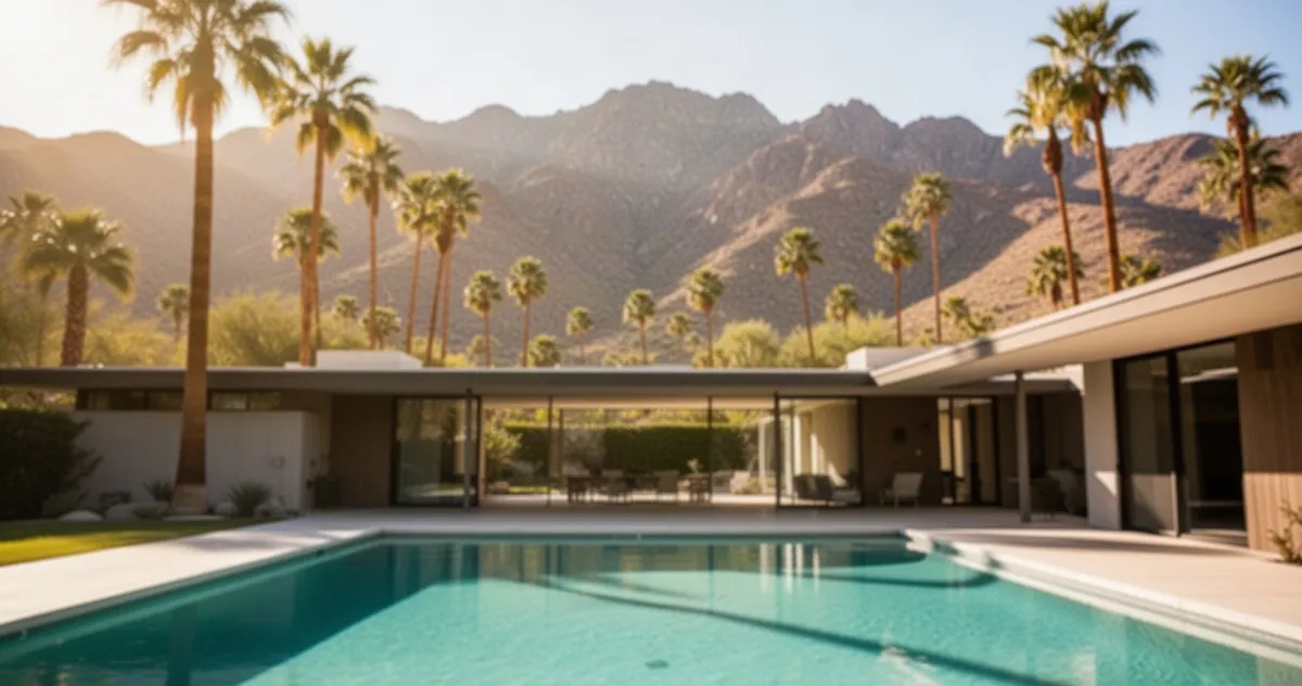 Nowoczesna willa w stylu mid-century z turkusowym basenem na tle palm i pustynnych gór w Palm Springs.