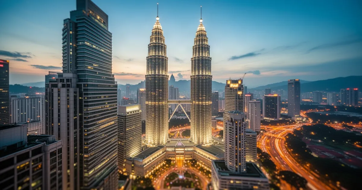 Oświetlone wieże Petronas górujące nad tętniącym życiem Kuala Lumpur o zmierzchu, z widocznymi nowoczesnymi wieżowcami.