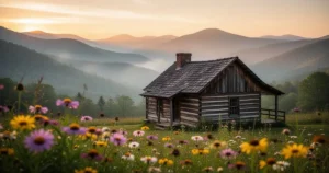 Rustykalny drewniany domek w górach Great Smoky Mountains o wschodzie słońca, w otoczeniu kwitnących polnych kwiatów.