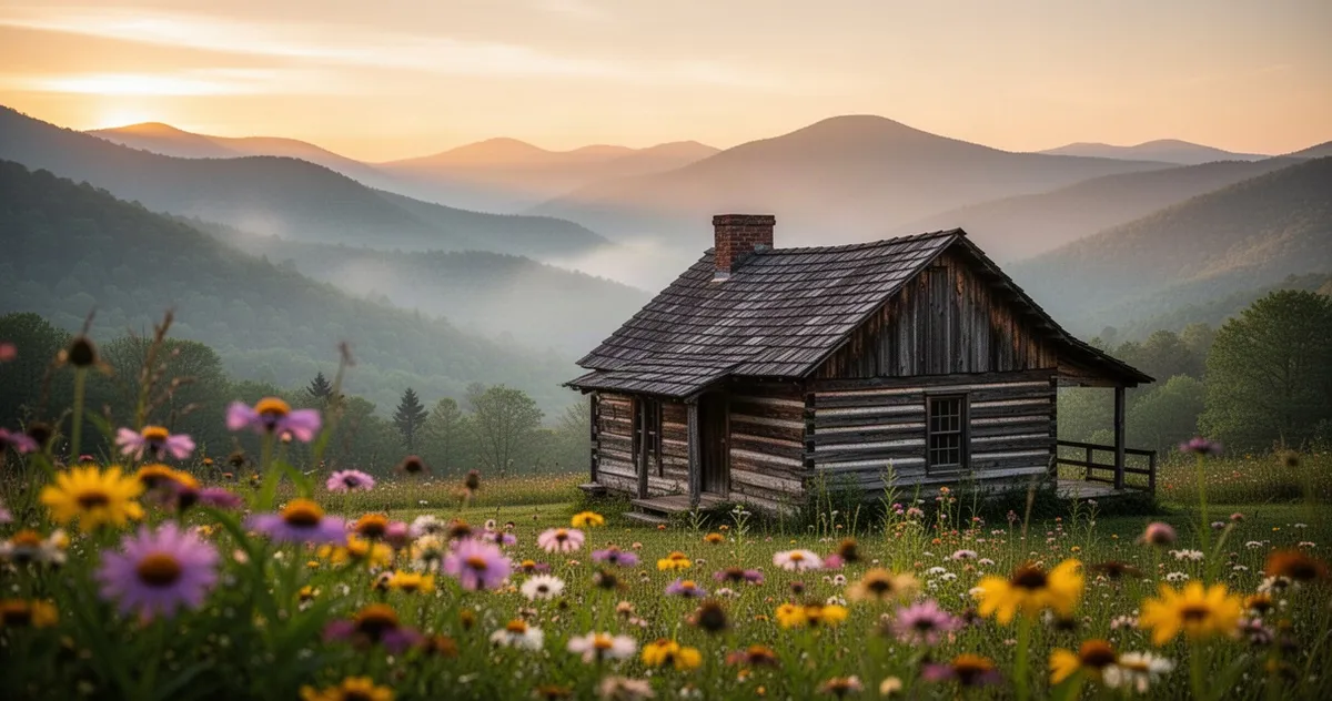 Rustykalny drewniany domek w górach Great Smoky Mountains o wschodzie słońca, w otoczeniu kwitnących polnych kwiatów.