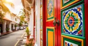 Kolorowe, zdobione drzwi tradycyjnego domu w stylu Peranakan w George Town na Penang z płytkami na pierwszym planie.
