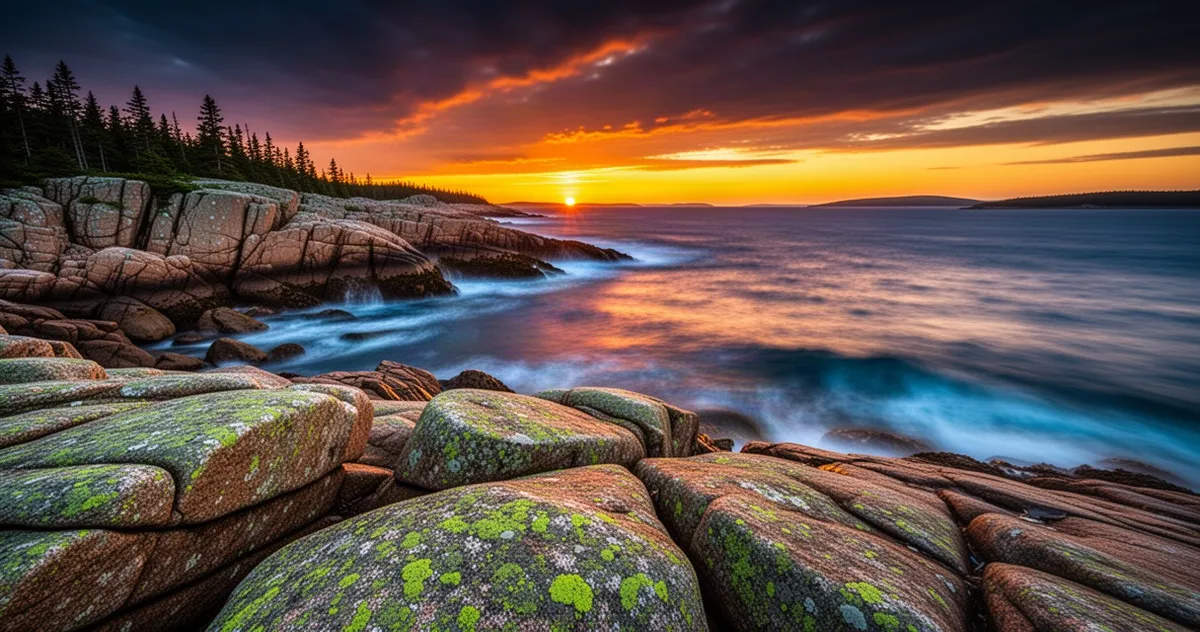 Skaliste wybrzeże Parku Narodowego Acadia w Maine o wschodzie słońca z mchem na granitowych głazach i błękitem oceanu.